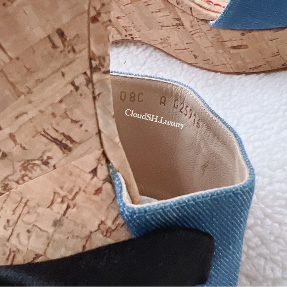 Auth Chanel Classic Red CC Logo Blue Denim Cork Wedge Sandals - Size 38.5 - Picture 8 of 9